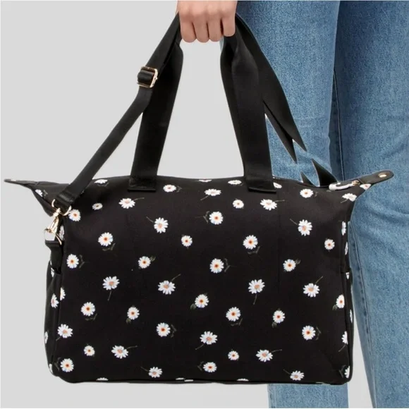 Alice + Olivia NWT Black Canvas Duffel/ Travel Bag with Daisy Print - Picture 3 of 6